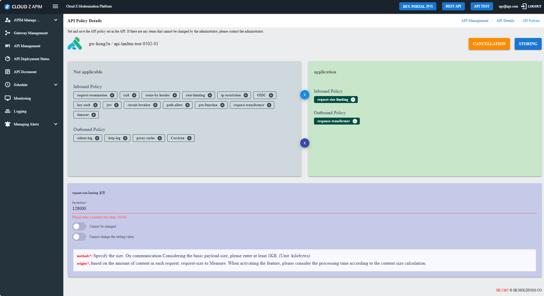 API Policy Details Screen