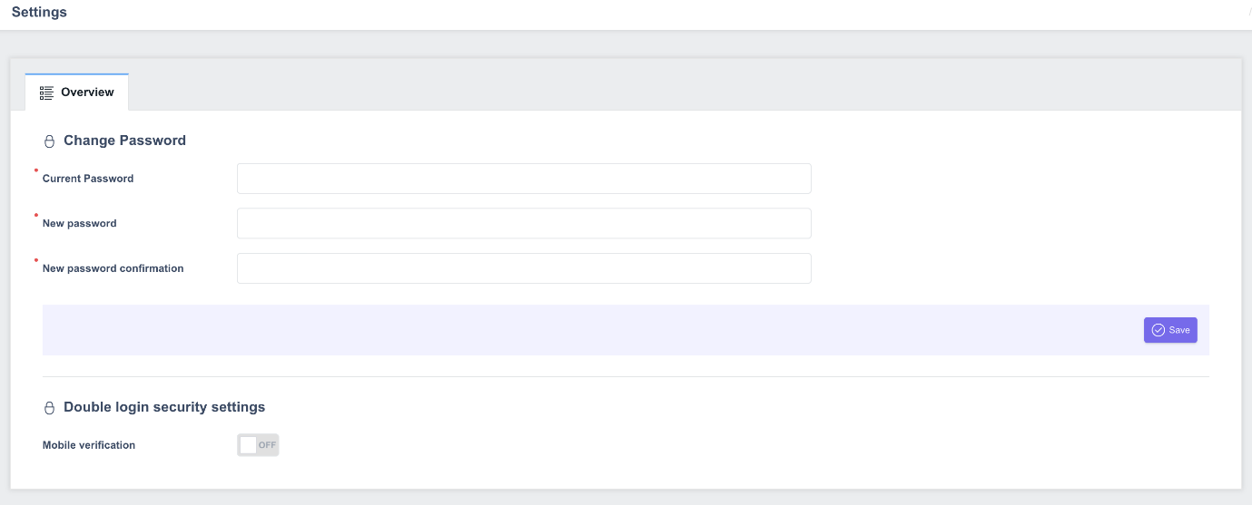 User Password &amp; MFA Settings Screen