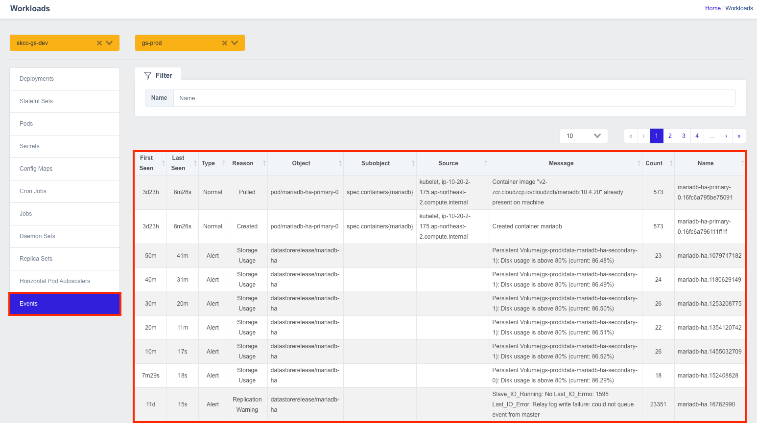 Kubernetes Events Resource Lookup screen