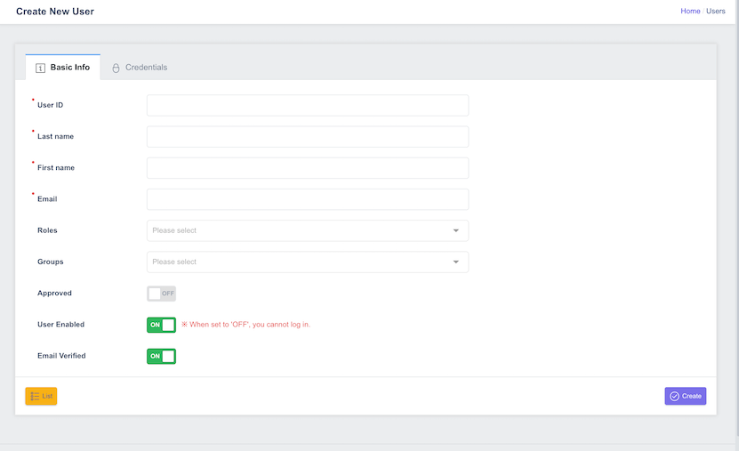 Create New User screen