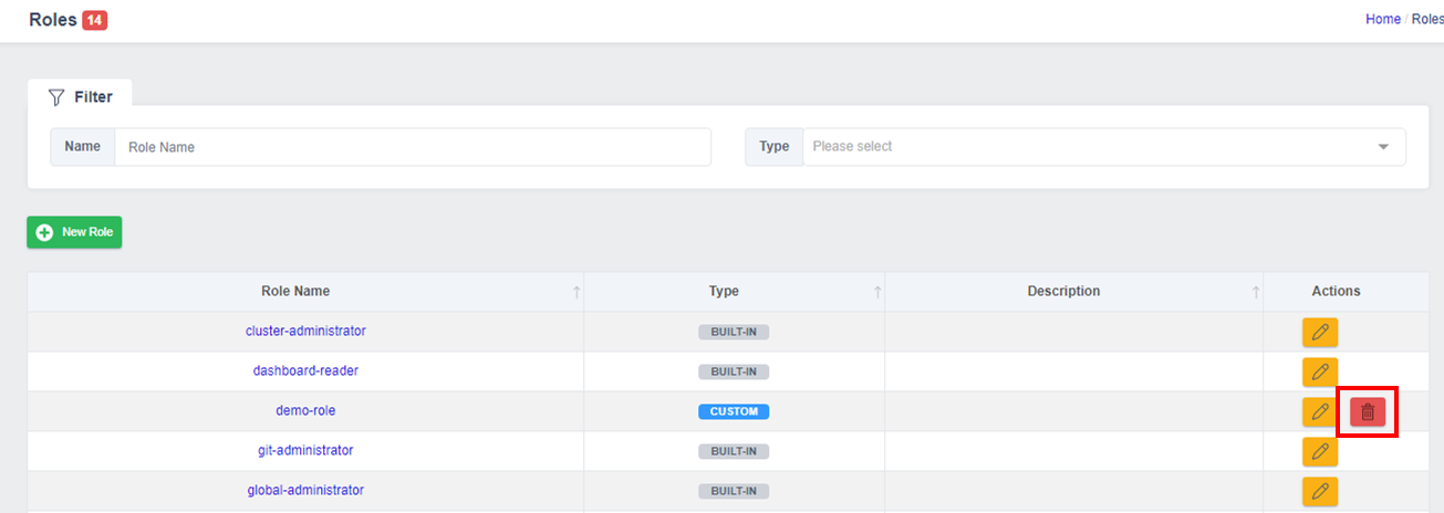 Role Deletion screen