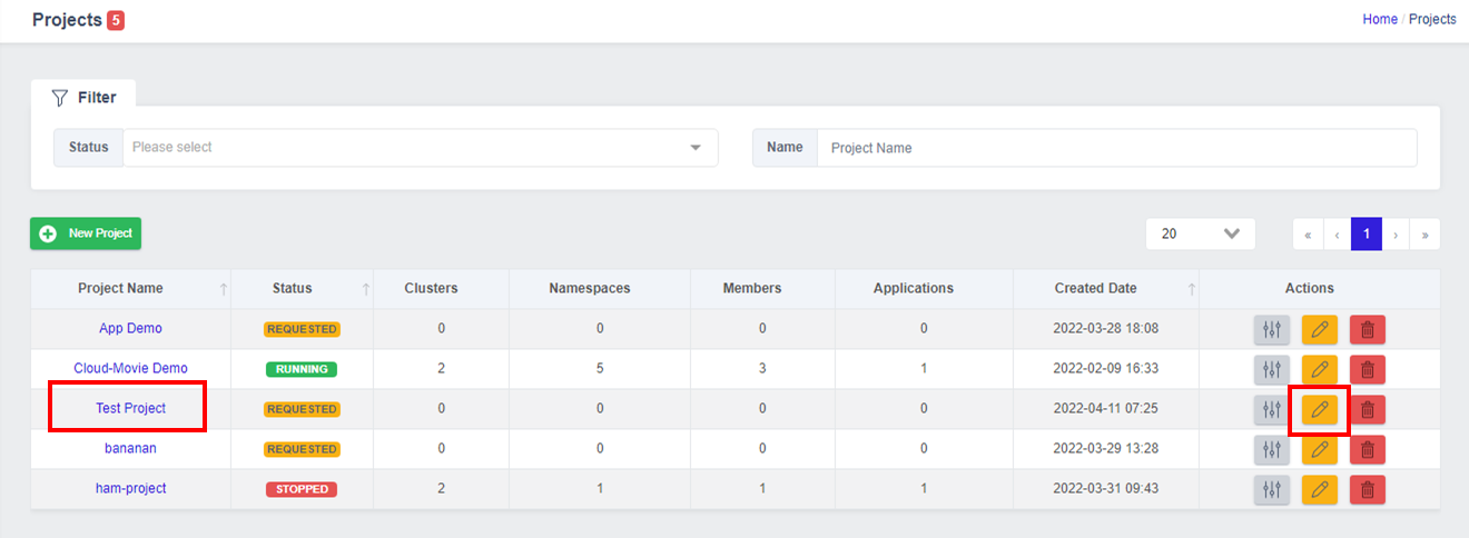 Project List screen