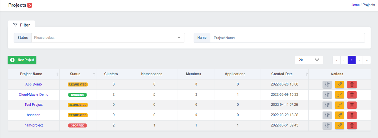 Project List screen