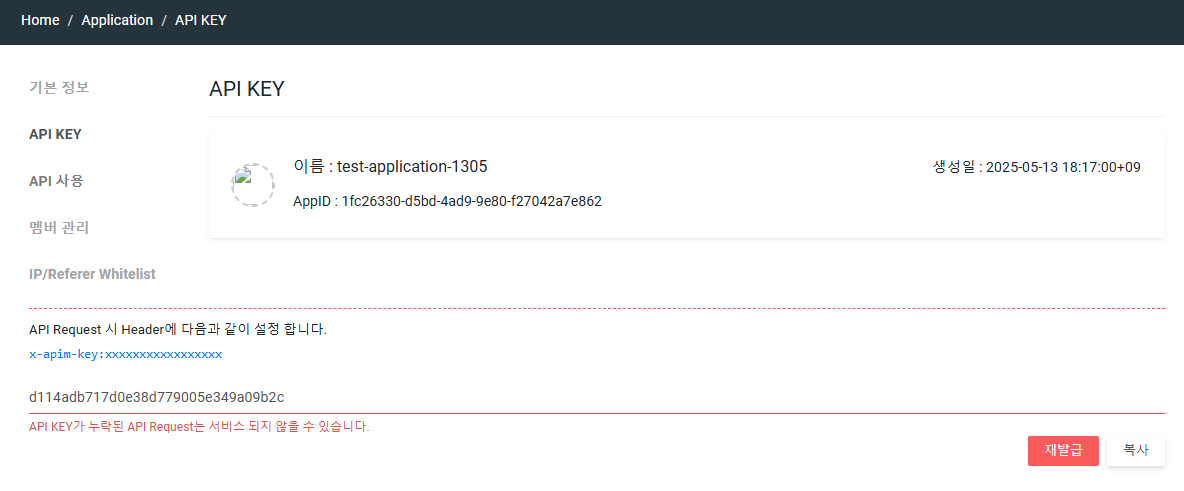 Application API KEY Screen