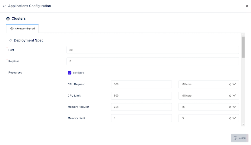 Application&#39;s Deployment Spec screen