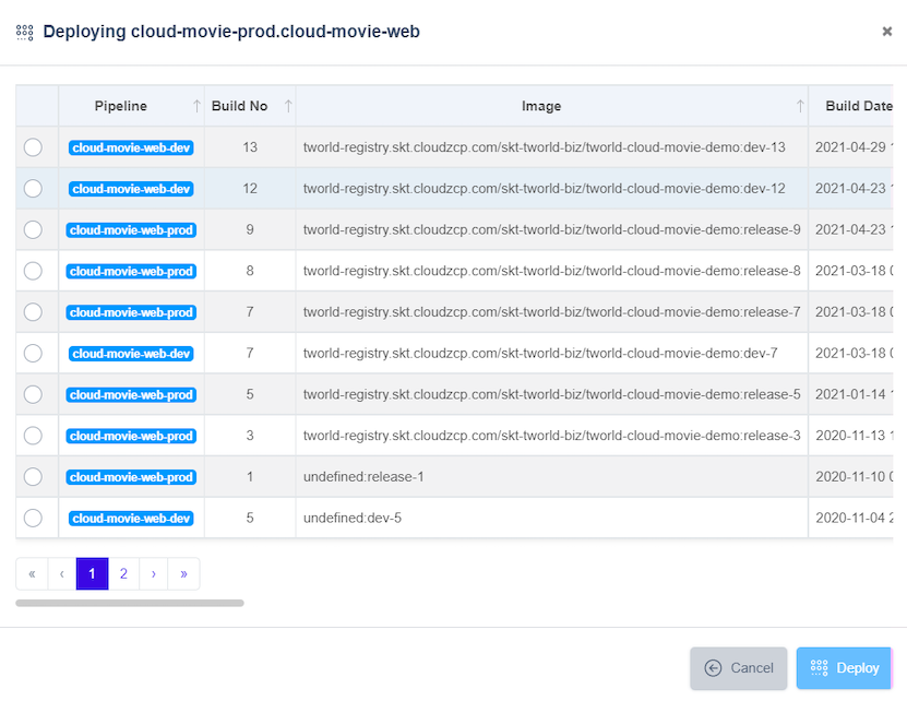 Viewing the build history of an application