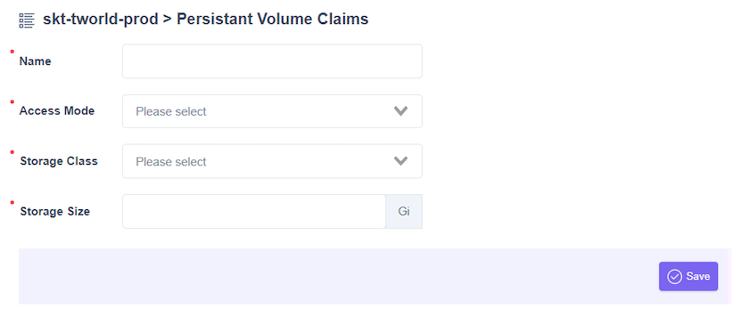 Persistent Volume Claim Creation screen