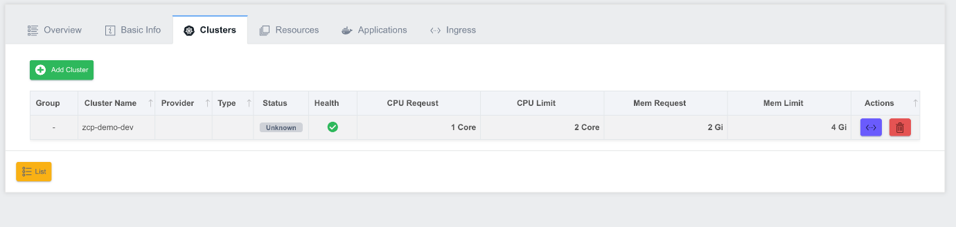 Deployment Group Cluster List screen