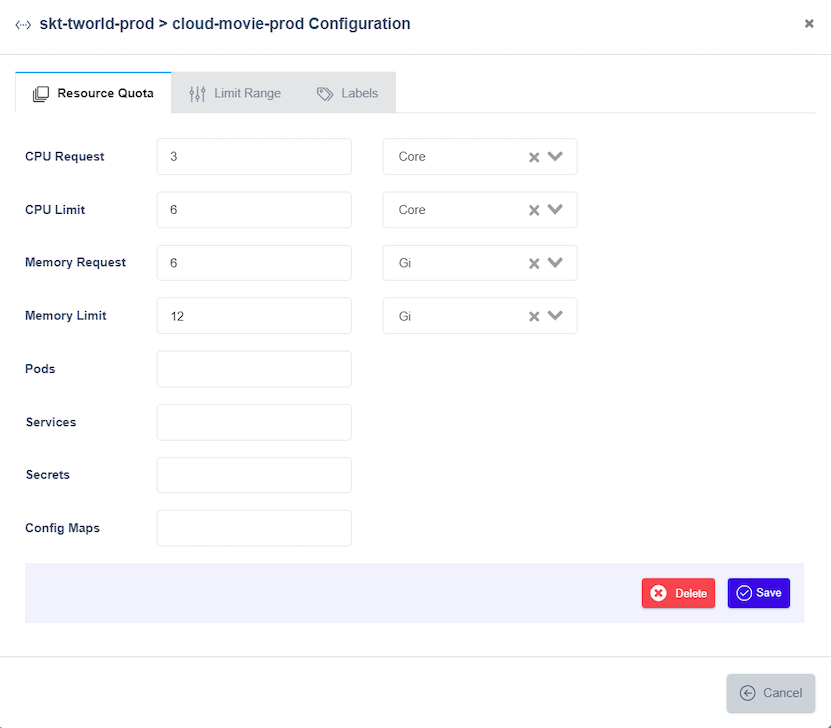Deployment Group Cluster - Resource Quotas pop-up screen